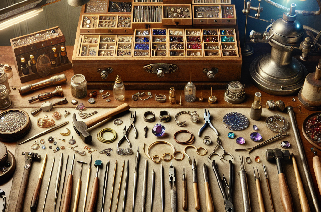 What does a tabletop arrangement of permanent jewelry tools and materials look like?